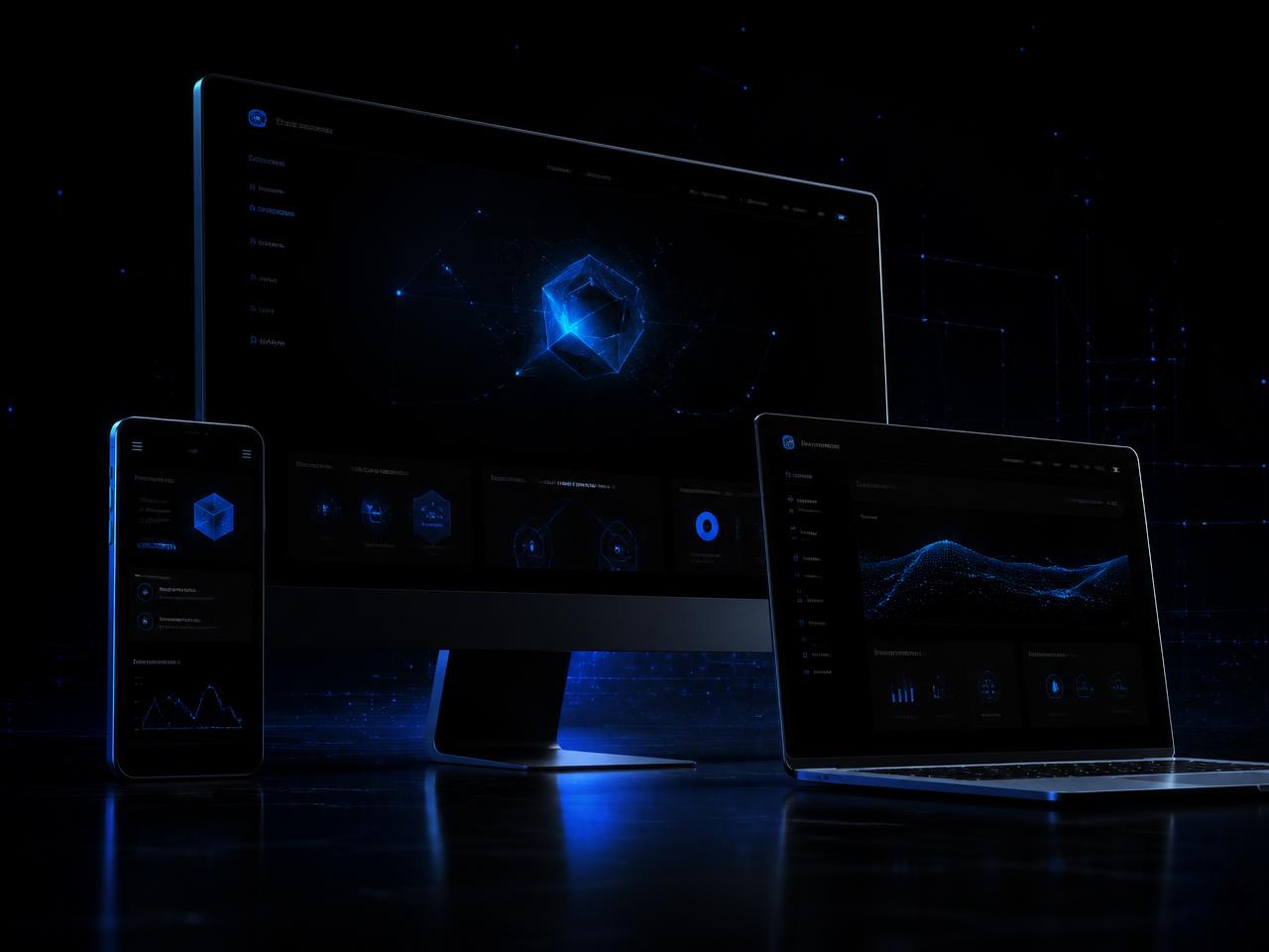 Site da WebDominus exibido em notebook, desktop e celular
